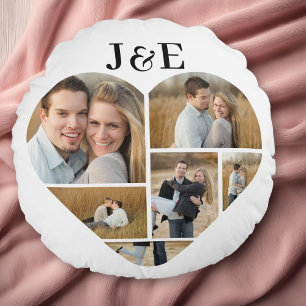 Coussins Ronds Collage de photos de coeur personnalisées en noir