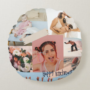 Coussins Ronds Collage photo moderne Joyeux anniversaire mignon