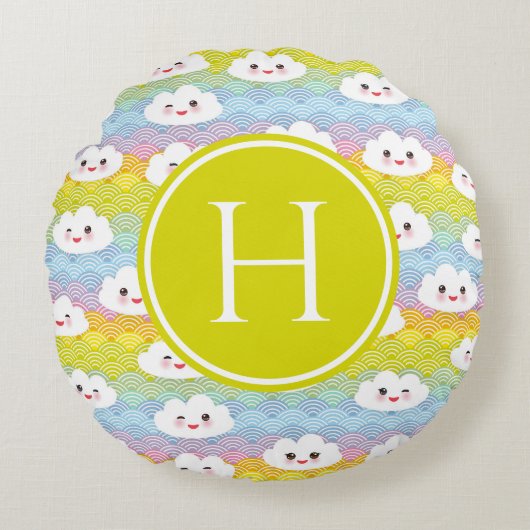 Coussins Ronds Coloré Emoji Kawaii Nuages Motif Monogramme (Devant)