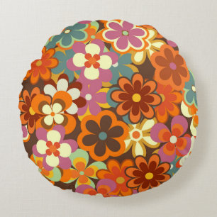 Coussins Ronds Coloré Floral vintage Motif sans couture. Rétro 70