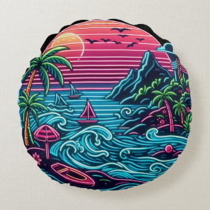 Coussins Ronds Coloré. néon tropical/hawaïen