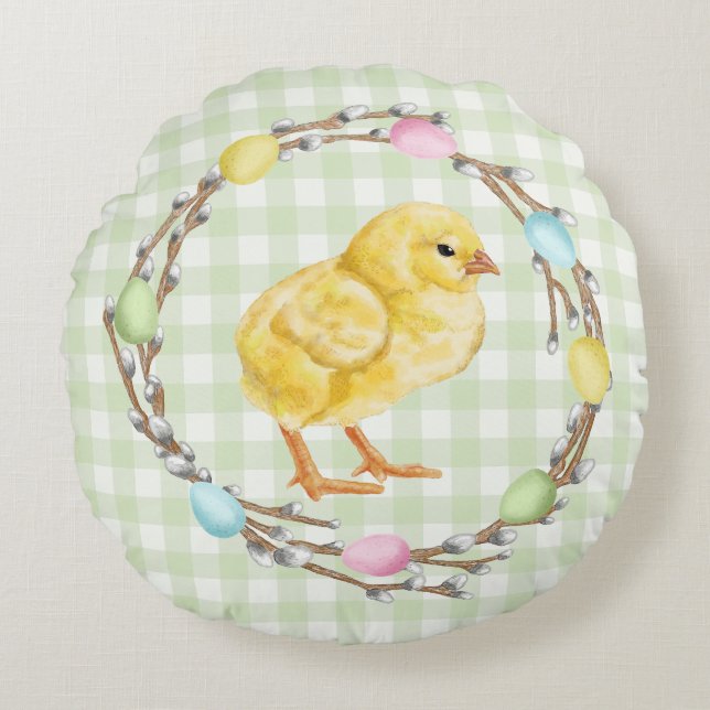 Coussins Ronds Colorful Easter Willow Wreath With Yellow Chick (Devant)
