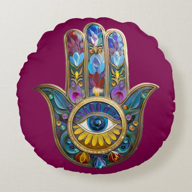 Coussins Ronds Colorful Petals Leaves Hamsa Sapphire Third Eye (Devant)