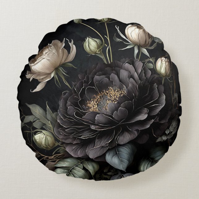 Coussins Ronds Composition de rose gothique Fleur noire (Devant)