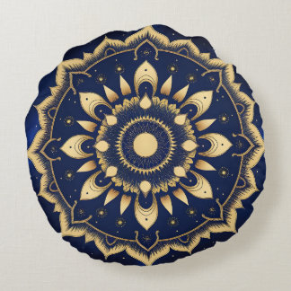 Coussins Ronds Conception de Mandala de Lune Céleste | S Navy Blu