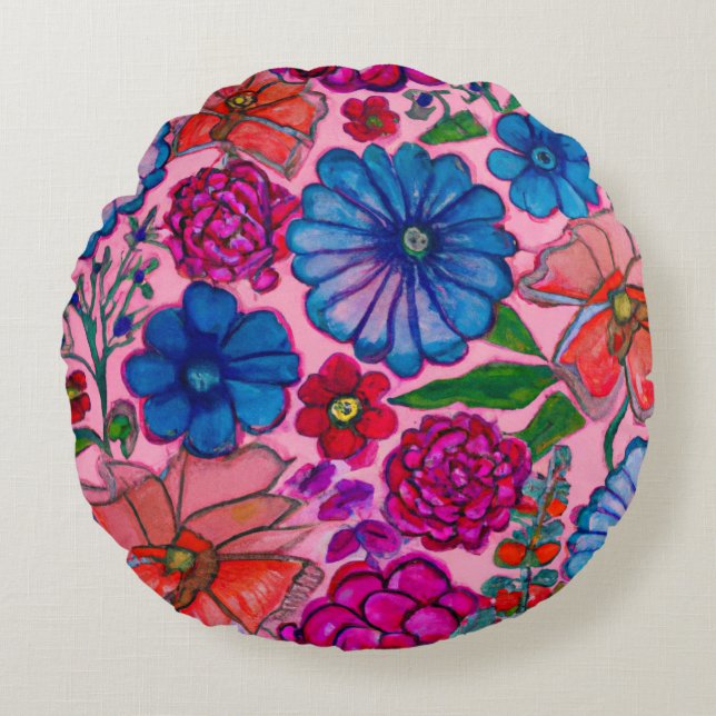 Coussins Ronds Conception florale rose et bleue (Devant)