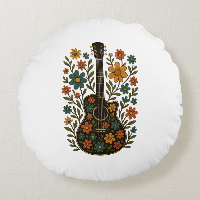 Coussins Ronds Conceptions Guitare & Fleurs (Devant)