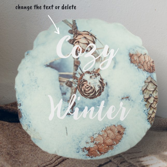 Coussins Ronds Cônes de mélèze sur la neige bleue fraîche (Créateur téléchargé)