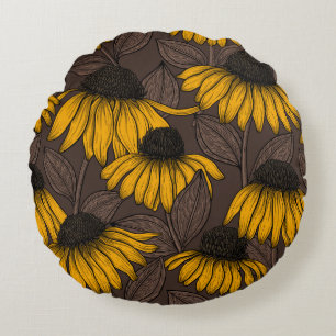Coussins Ronds Confleurs jaunes sur brun foncé