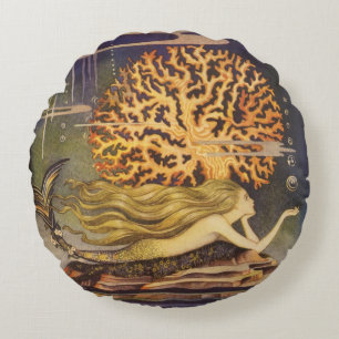 Coussins Ronds Conte de fée vintage, petite sirène dans le corail