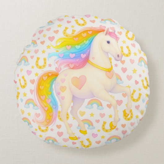 Coussins Ronds Cooper & Cody — Rainbow Horses Throw Pillow (Devant)