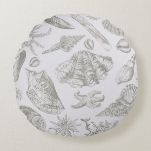 Coussins Ronds Coquilles de mer gris sauge doux croquis Antique N