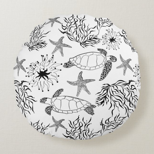 Coussins Ronds Corail plante, tortue marine (Devant)