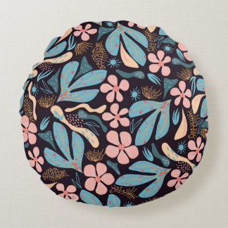Coussins Ronds Coral Blue Floral Dark Print