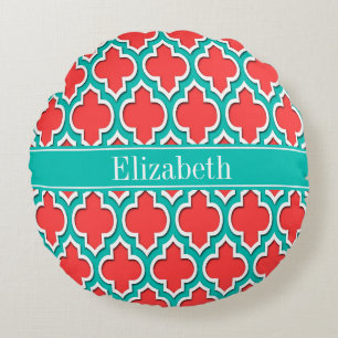 Coussins Ronds Coral Red, Teal Moroccan #4DS Teal Name monogram