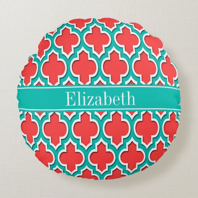 Coussins Ronds Coral Red, Teal Moroccan #4DS Teal Name monogram (Devant)
