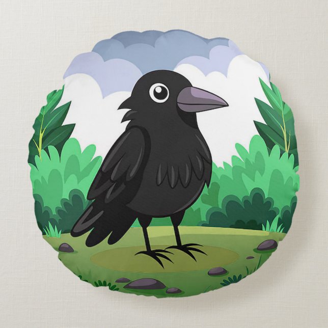 Coussins Ronds Corbeau de dessin animé mignon Décoratif d'oiseau  (Devant)