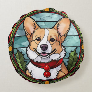 Coussins Ronds Corgi Vitrail de Noël