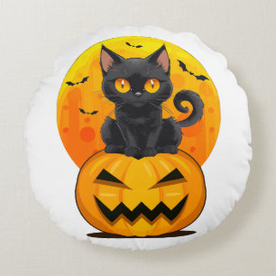 Coussins Ronds Costume de Halloween Citrouille Chat Noir