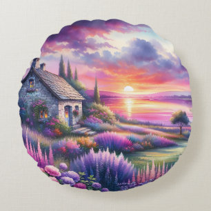 Coussins Ronds Cottage au coucher de soleil pastel Jardin au bord