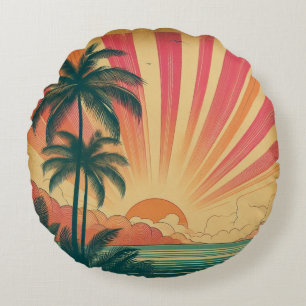 Coussins Ronds Coucher de soleil rétro/tropical vintage/hawaïen