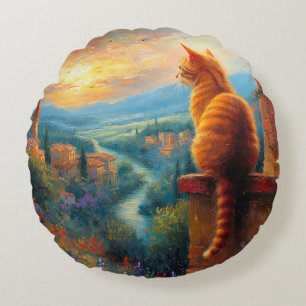 Coussins Ronds Coucher de soleil toscan avec un chat gingembre