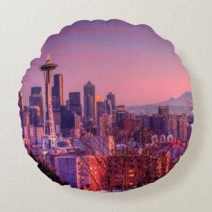 Coussins Ronds Coucher du soleil derrière l'horizon de Seattle d