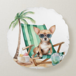 COUSSINS RONDS COULEUR D'EAU CUTE CHIHUAHUA CHIG SUR LA PLAGE