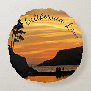 Coussins Ronds Couple et chien coucher de soleil romantique sur l
