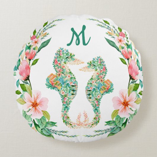 Coussins Ronds Couple Hippocampe à Monogramme Fleur Tropicale (Devant)