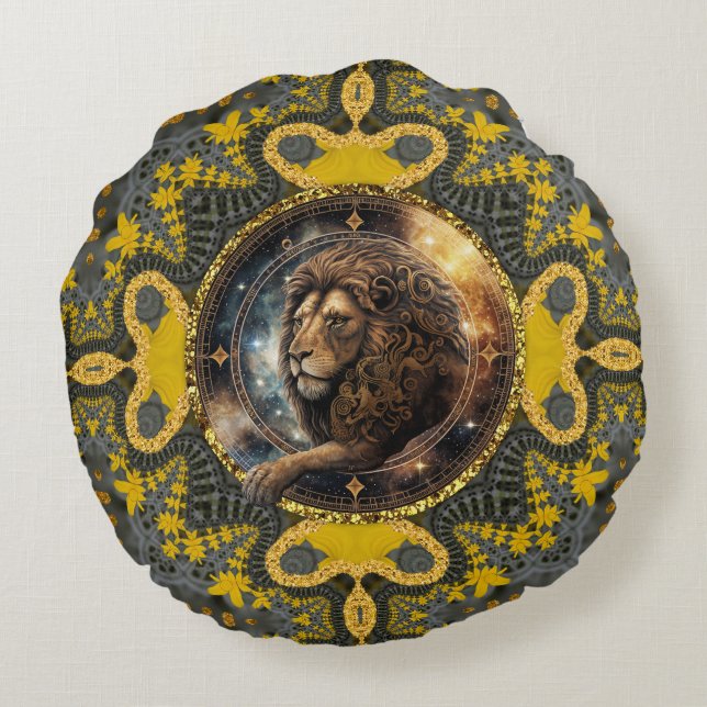 Coussins Ronds Courageux Leo Zodiac or Jaune Fractal Mandala (Dos)