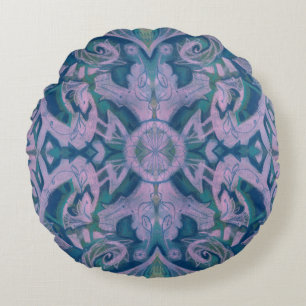 Coussins Ronds Courbes & Lotus, abstrait floral, lavande & bleu