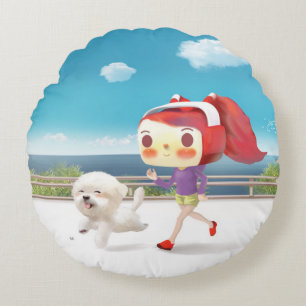 Coussins Ronds Courir avec un chien au bord de la mer