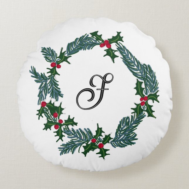 Coussins Ronds Couronne de Noël à main, initiale personnalisable (Devant)