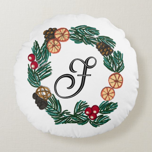 Coussins Ronds Couronne de Noël avec initiale personnalisable (Devant)