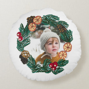 Coussins Ronds Couronne de Noël avec photo personnalisable et ini