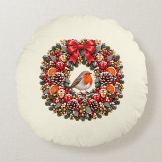 Coussins Ronds Couronne de Noël festive avec rouge-gorge et grelo