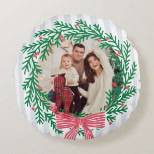 Coussins Ronds Couronne de Noël personnalisée avec photo et vœux