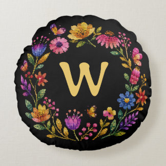 Coussins Ronds Couronne de papillon floral monogramme personnalis