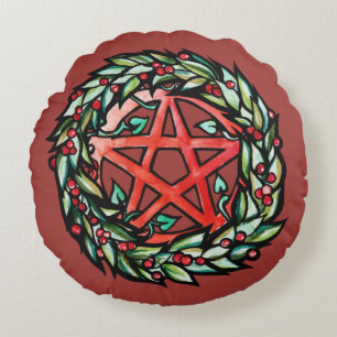 Coussins Ronds Couronne de Yule Pentacle Païen Pentagramme Vacanc
