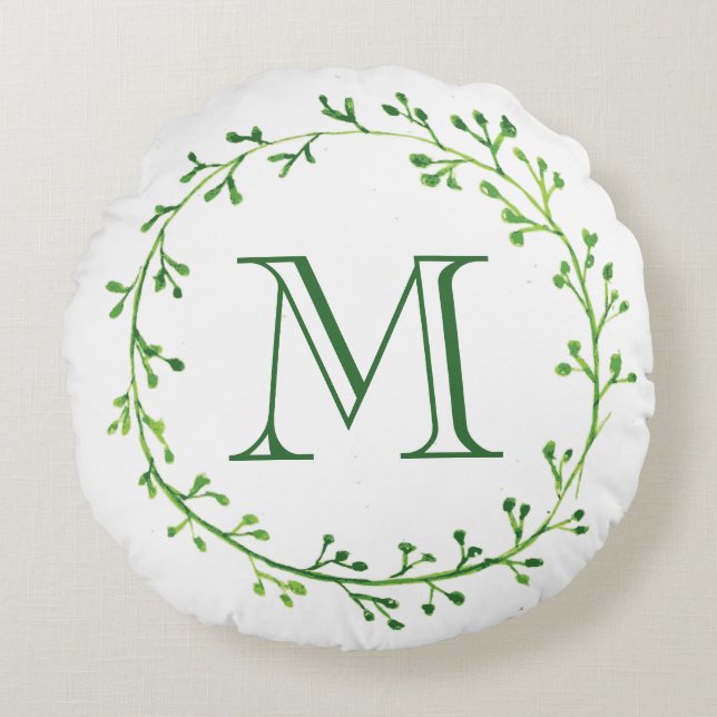Coussins Ronds Couronne feuilletée verte Monogramme (Devant)