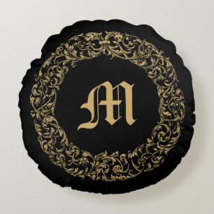 Coussins Ronds Couronne florale de monogramme imprimée baroque ro