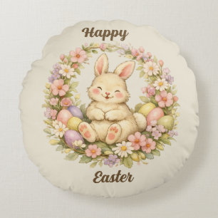 Coussins Ronds Couronne florale vintage de Pâques avec un lapin j