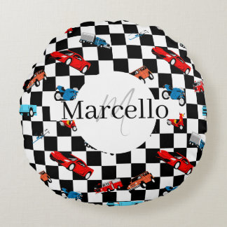 Coussins Ronds Course Motif moderne noir et blanc avec voitures