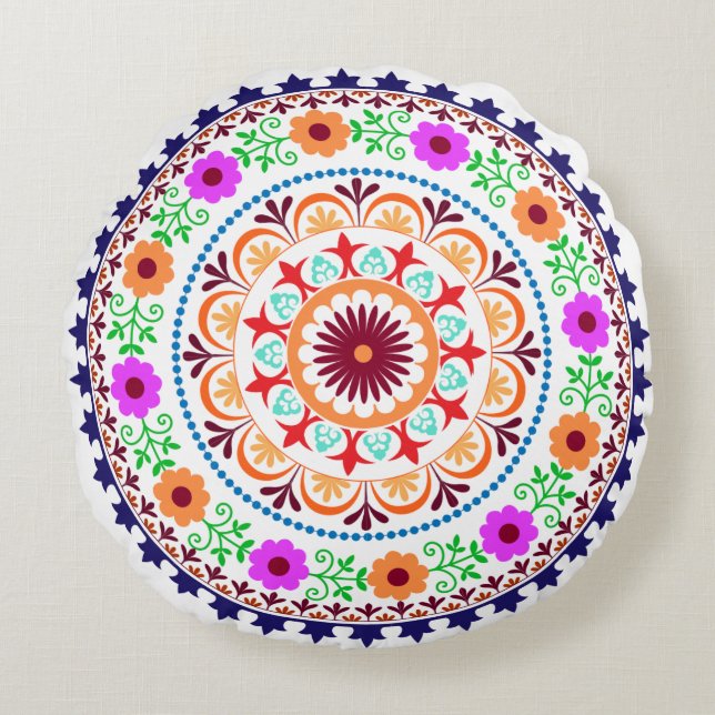 Coussins Ronds Coussin-blanc rond de Bohème hippie de conception (Devant)