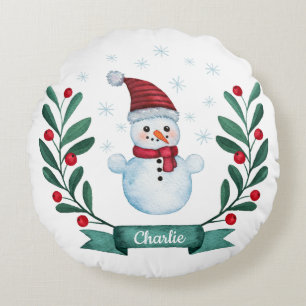 Coussins Ronds Coutume de bonhomme de neige d'aquarelle de Noël