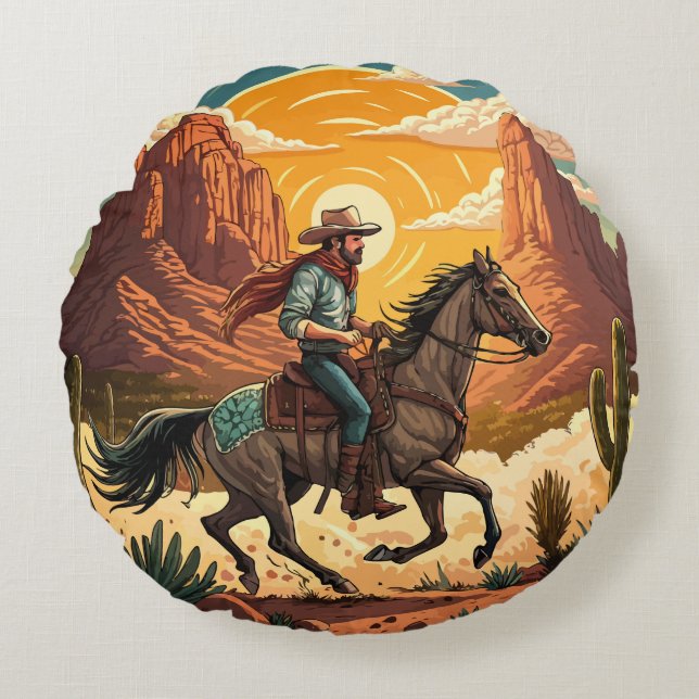 Coussins Ronds Cowboy Riding Horse at Sunset (Devant)