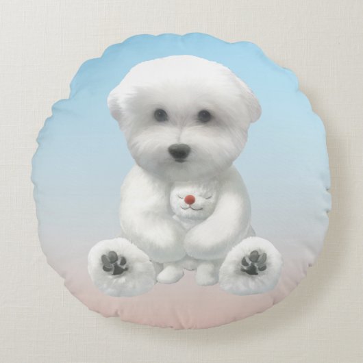 Coussins Ronds Cozy Plush Moment: Smiling Bichon Hugging Mini Pup (Devant)