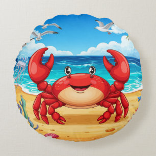 Coussins Ronds Crabe de dessin animé joyeux sur une plage vibrant