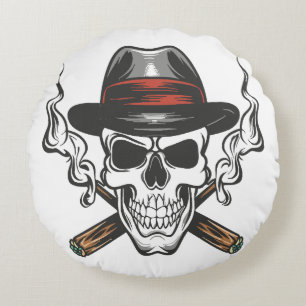 Coussins Ronds Crâne de gangster avec chapeau fedora